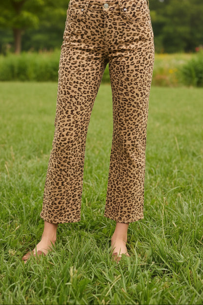 Risen Lisa cheetah print mid-rise slim straight jeans in neutral tones, ankle-length stretch denim for women