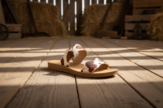 Corky’s cow print slip-on sandals with double straps and low platform